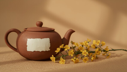 Clay Teapot with Yellow Flowers and Label on Beige Background