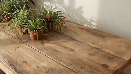 Rustic Wooden Table with Spider Plants and Red Flowers in Pots