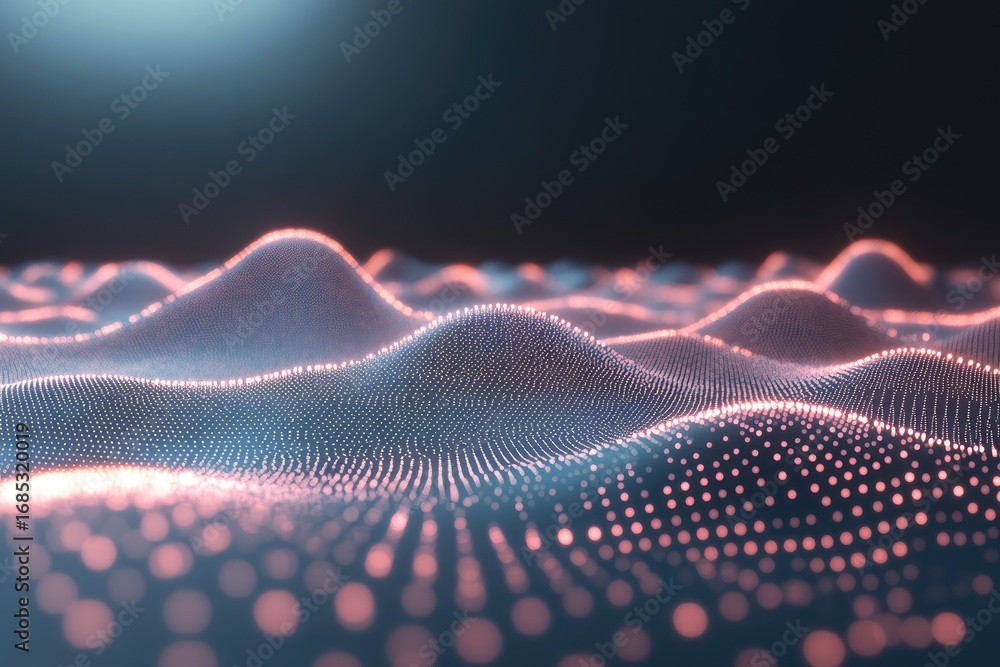 Aufkleber abstract digital landscape of undulating, glowing particles forming soft hills across a dark backgro