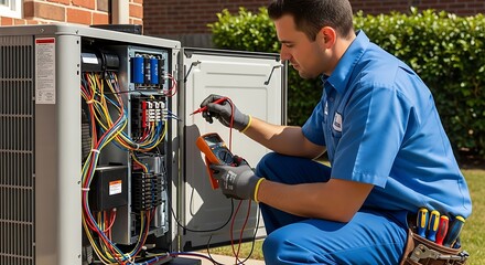 A technician in a blue uniform is using a multimeter to troubleshoot the electrical components inside an air conditioning unit outside a brick building.