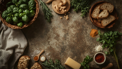 Preparing Italian Cuisine Ingredients on Stone Surface for Recipe