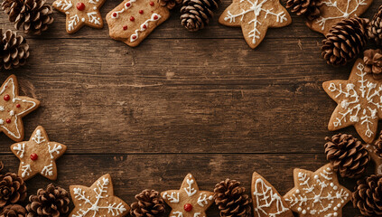 Decorated Christmas Cookies and Pine Cones Frame on Wooden Background