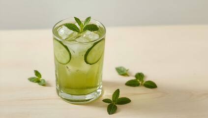 Refreshing Cucumber Mint Drink with Ice in Glass on Wood Surface