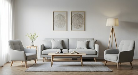 Modern Living Room Interior with Sofa, Armchairs and Decor