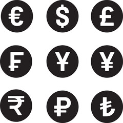 Round circle icon set for currency money euro dollar pound franc yen ruble rupee lira finance economy banking exchange trading investment. Pixel perfect icons editable stroke.