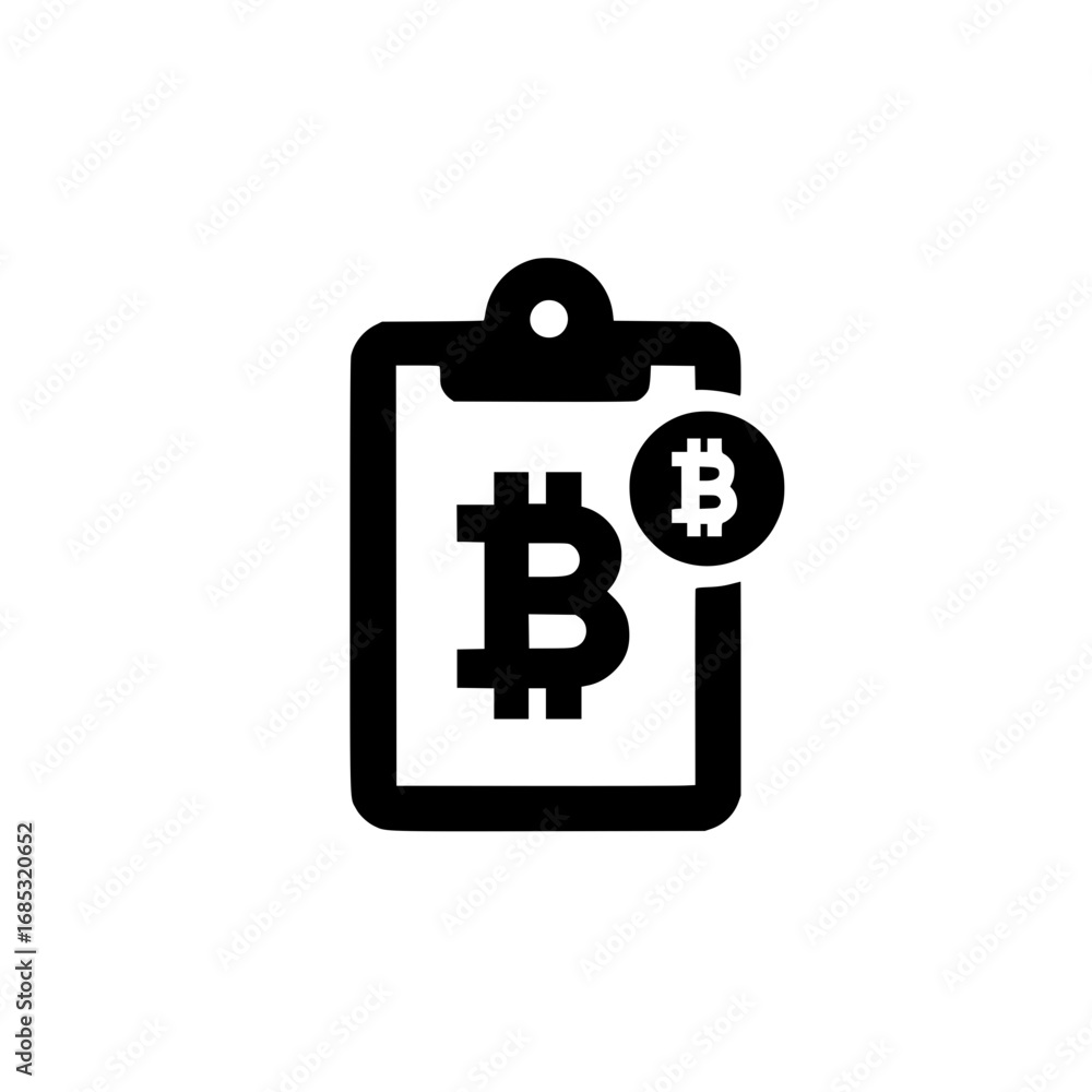 Poster bitcoin symbol on clipboard for blockchain report cryptocurrency tracking and digital finance brandi