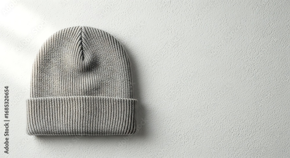 Aufkleber gray knitted beanie sits on a textured white surface, casting soft shadows and creating a minimalist