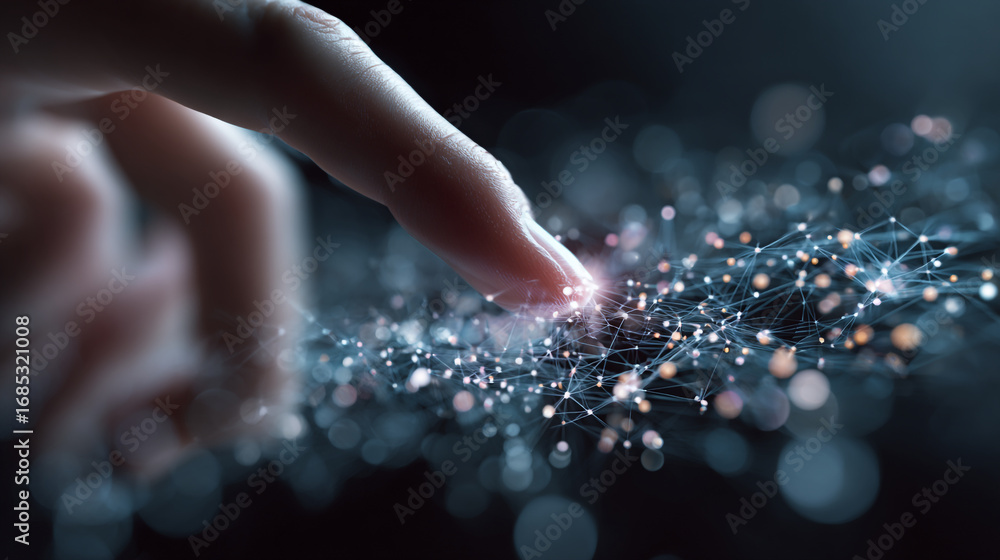 Poster a finger touching a network of glowing dots and lines on a dark background creating a connection poi