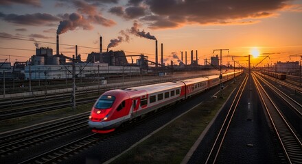 Obraz premium Red Express Train Speeding Past Industrial Factory At Sunset Golden Hour Dramatic Skyline Smoke Stacks Railroad Tracks