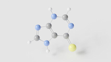 mercaptopurine molecule 3d, molecular structure, ball and stick model, structural chemical formula antineoplastic agents