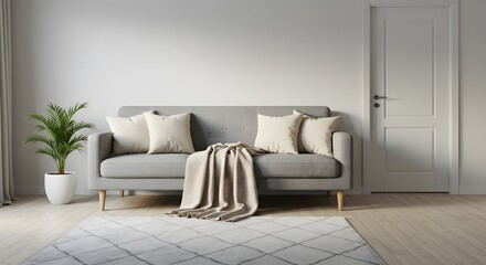 Modern Living Room Interior with Sofa, Pillows, Blanket, Plant, and Rug
