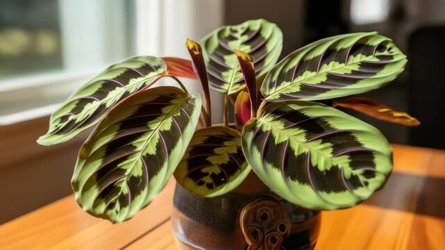 Vibrant prayer plant leaves unfolding in sunlit room