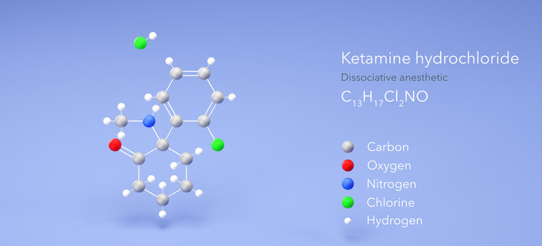 ketamine hydrochloride molecule, molecular structure, dissociative anesthetic 3d model, Structural Chemical Formula and Atoms with Color Coding