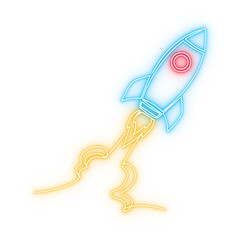 Neon Rocket Ship Flying Into Space With Trail Neon Glow isolated transparent background PNG