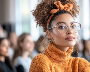 Young Woman with Curly Hair Wearing Glasses in Orange Sweater Attending Lecture in Academic Setting