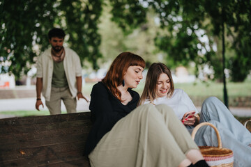 Two friends are seated on a park bench sharing a laugh while using a smartphone. A third person is...