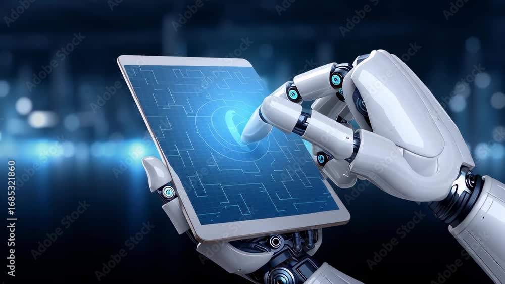 Aufkleber futuristic robotic hand interacting with touchscreen display in close-up shot