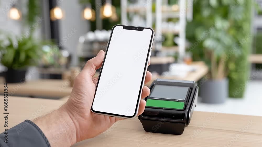 Aufkleber Close-Up of a Hand Holding a Smart Device Next to a Contactless Payment Terminal in a Modern Setting