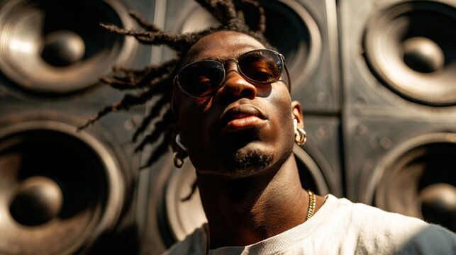 African american man listening to music with wireless earbud. Male enjoying sound with speakers. Audio technology concept.