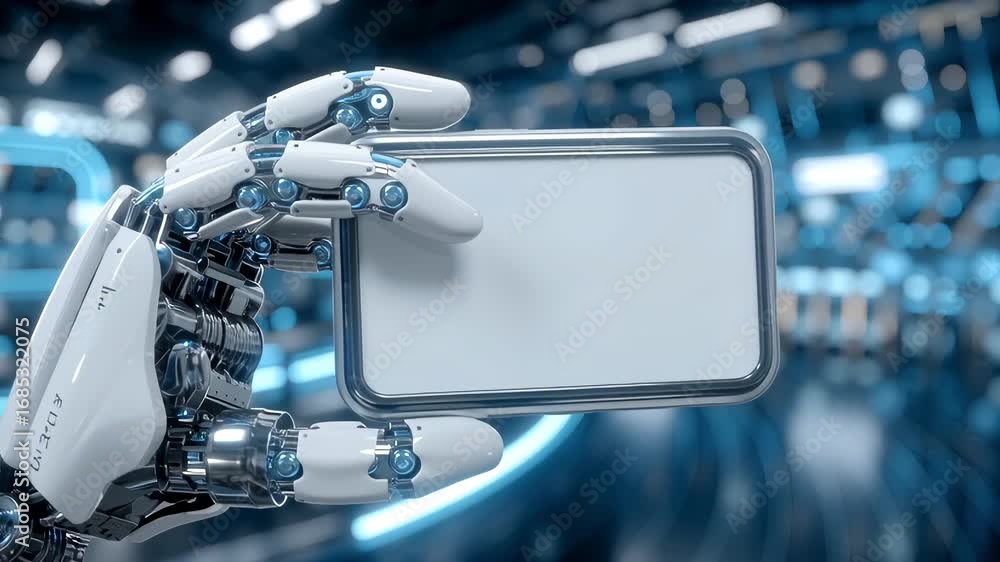 Poster futuristic robotic hand displaying blank screen in high-tech setting for technology and innovation c