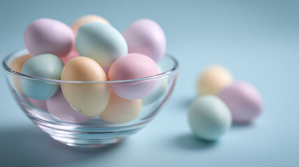 A clear glass bowl filled with pastel colored easter eggs sitting on a light blue colored surface