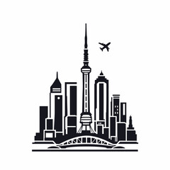 Obraz premium Black and white vector silhouette illustration of a European cityscape with a church, Big Ben, and other architectural landmarks