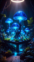 Glowing Bioluminescent Mushrooms in Fantasy Forest