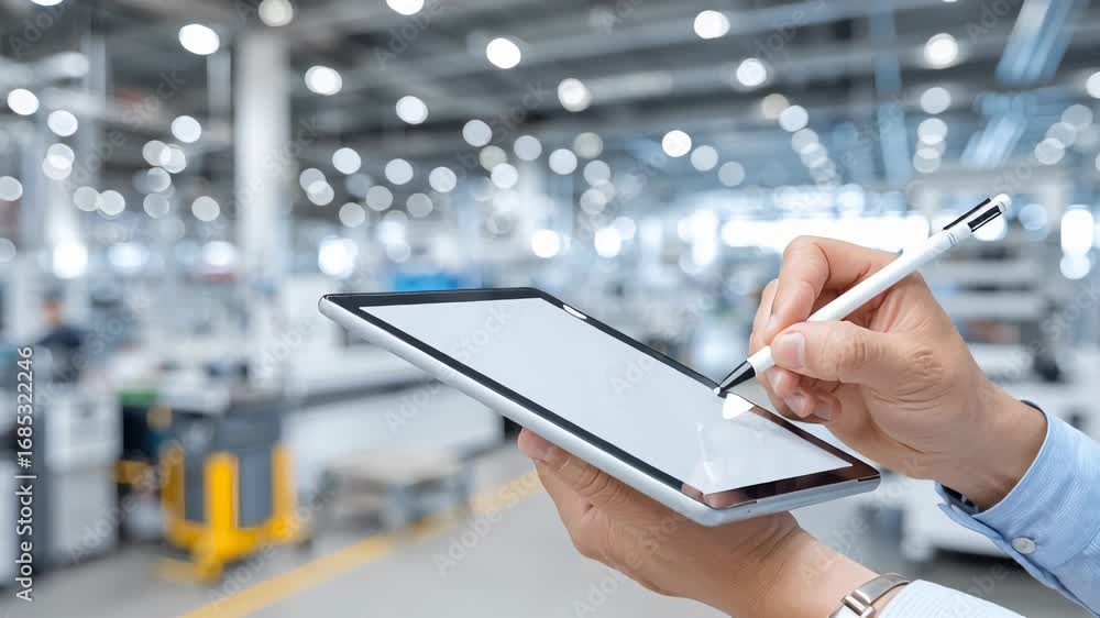 Aufkleber close-up shot of hands holding a tablet device in a modern industrial setting with soft bokeh backgr