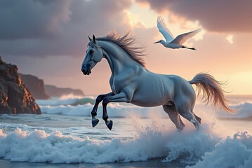 Gray Andalusian horse leaping above foamy surf with white egret in elegant flight against stormy sky, capturing powerful ocean cinematic scene for nature photography enthusiasts.