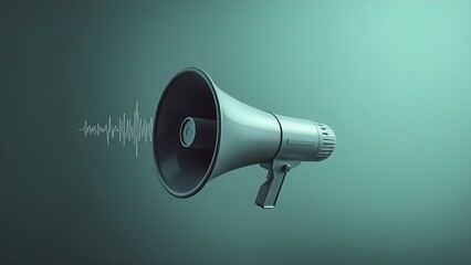 Vintage megaphone floating in abstract space with sound wave visualization and soft gradient lighting.