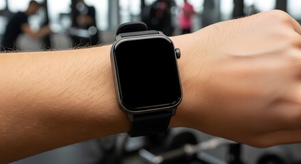 Closeup of a person wearing a black smartwatch in a gym, tracking fitness and health metrics during a workout session, promoting a healthy lifestyle.