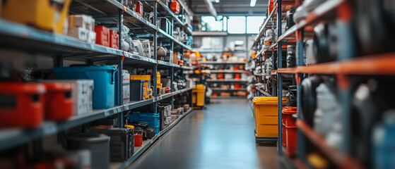 Cozy shelves with tools and accessories in a large warehouse, useful for articles on logistics and workspace organization.