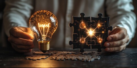 Glowing lightbulb and puzzle pieces. Idea solution concept.