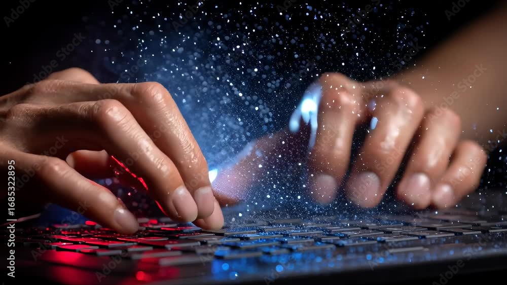 Aufkleber close-up shot of hands typing on keyboard with dynamic light and particles creating a modern tech ae