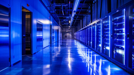 Large-scale battery storage facility with blue LED lighting.