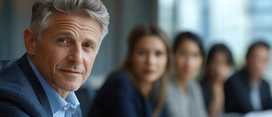 Obraz premium A middle-aged man in a suit negotiating with blurred colleagues in the background — for topics related to business, leadership, and corporate culture.