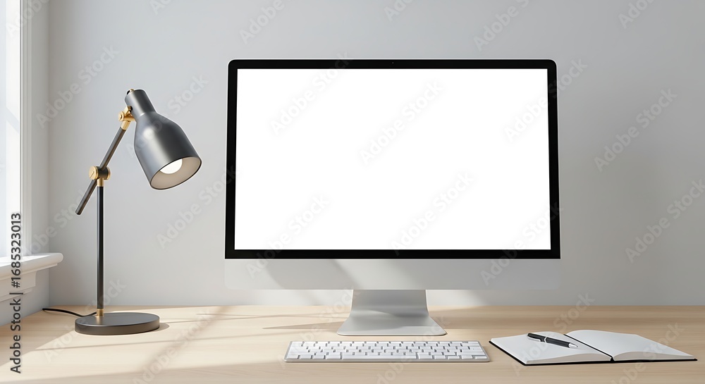Poster modern computer with blank white screen sits on wooden desk in bright office space, creating a clean