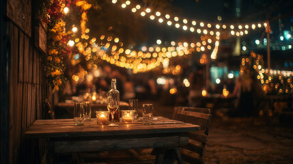 Obraz premium A rustic wooden table set with glasses, candles, and a bottle under warm string lights at night time
