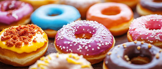 A variety of colorful donuts with frosting and sprinkles on a wooden surface — for recipes, food blogs, and articles about sweets.