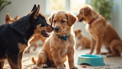 Playful Interaction Between Puppies in a Cozy Dog Care Environment for Animal Blogs, Pet Training Websites, Dog Adoption Campaigns, and Social Media Pet Content