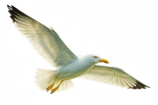 Seagull soaring with outstretched wings, white feathers detailed against clean backdrop. Highlighting avian freedom and marine wildlife design