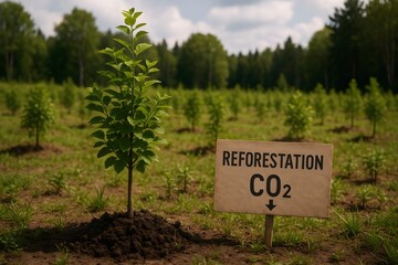 A young tree and a sign with words REFORESTATION CO2. 