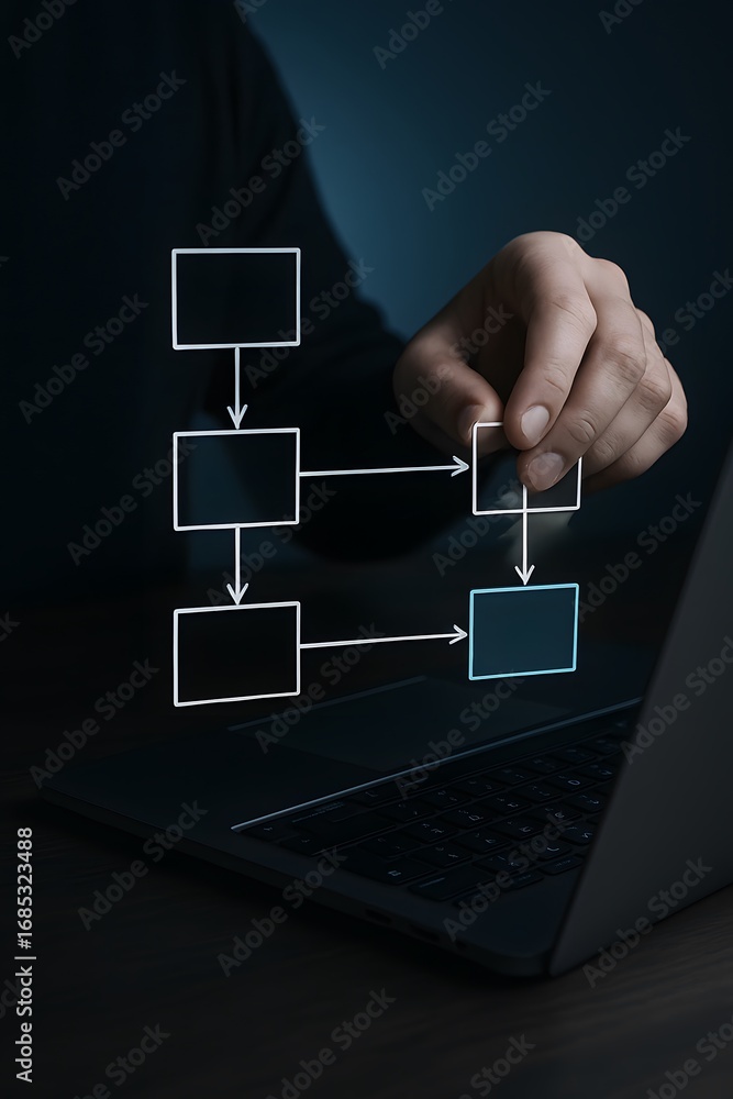 Poster analyzing and optimizing a business process on laptop.