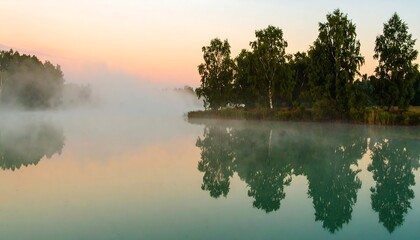 Misty morning over a tranquil lake