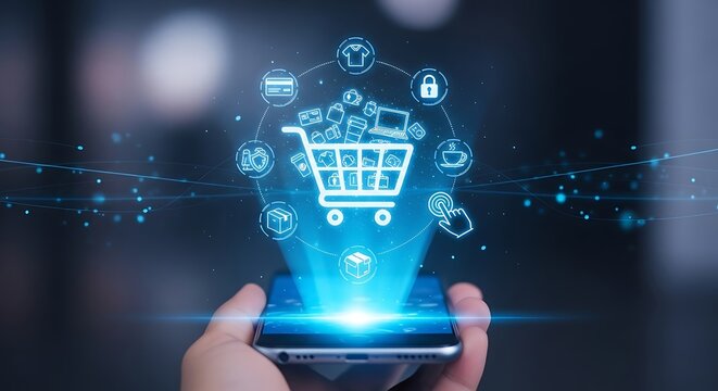 Seamless online shopping experience with digital cart and icons connecting to modern smartphone