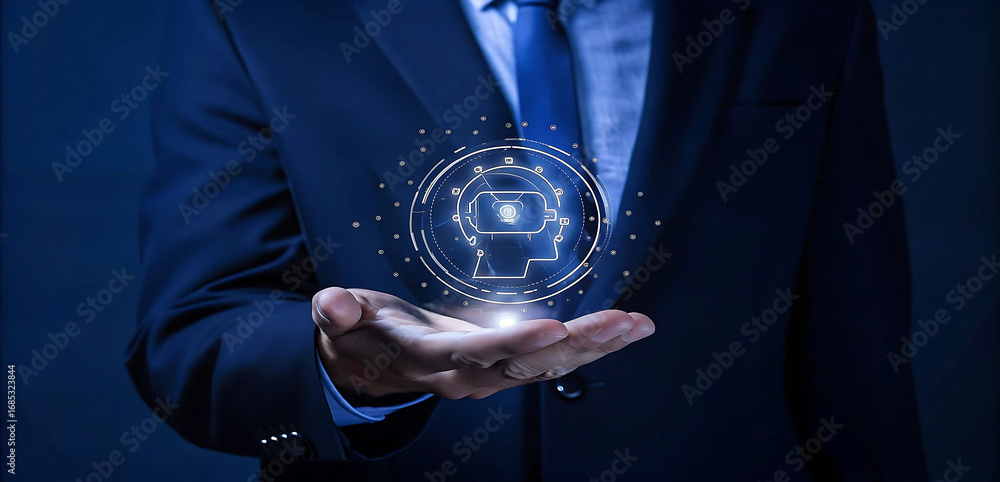 Poster businessman chatting with ai or artificial intelligence technology. a man uses a laptop computer to 