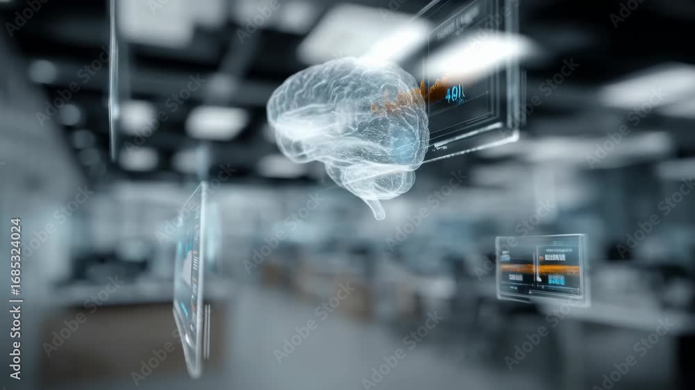 Poster futuristic office with innovative data displays and brain visualization