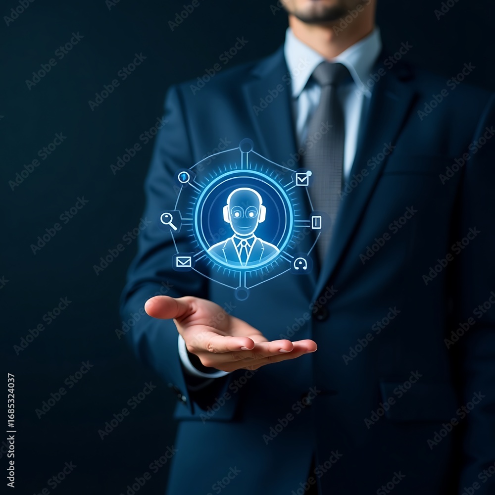 Poster businessman chatting with ai or artificial intelligence technology. a man uses a laptop computer to 