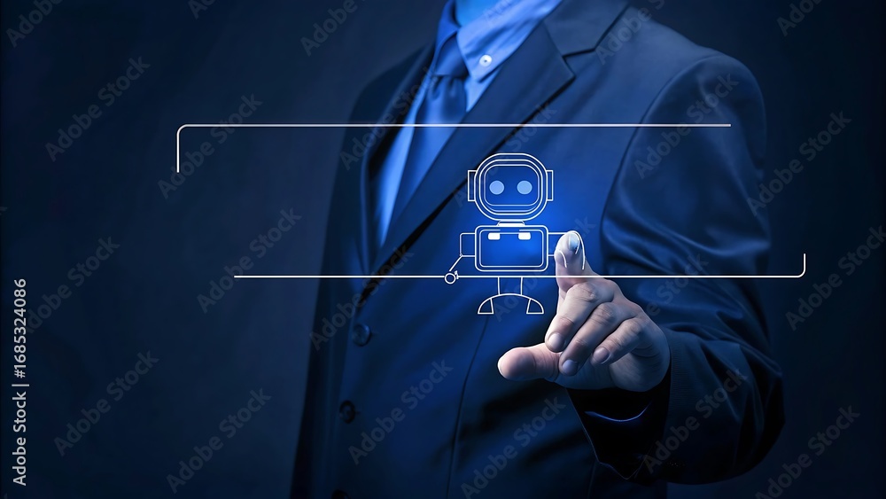 Poster businessman chatting with ai or artificial intelligence technology. a man uses a laptop computer to 