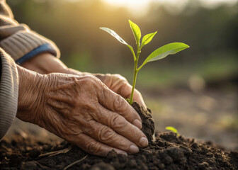 Elderly hands gently planting a small green seedling in soil